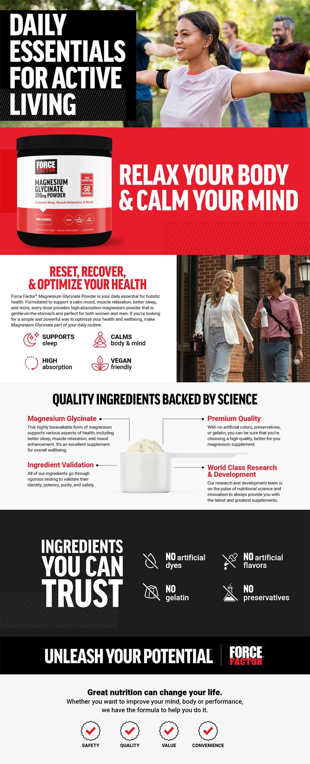 Full product page for Magnesium Glycinate Powder featuring lifestyle images, full product description, and list of product features and benefits