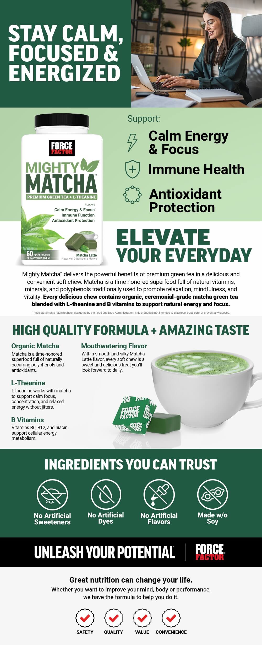 Full product page for Force Factor Mighty Matcha Soft Chews featuring lifestyle images, full product description, and list of product features and benefits