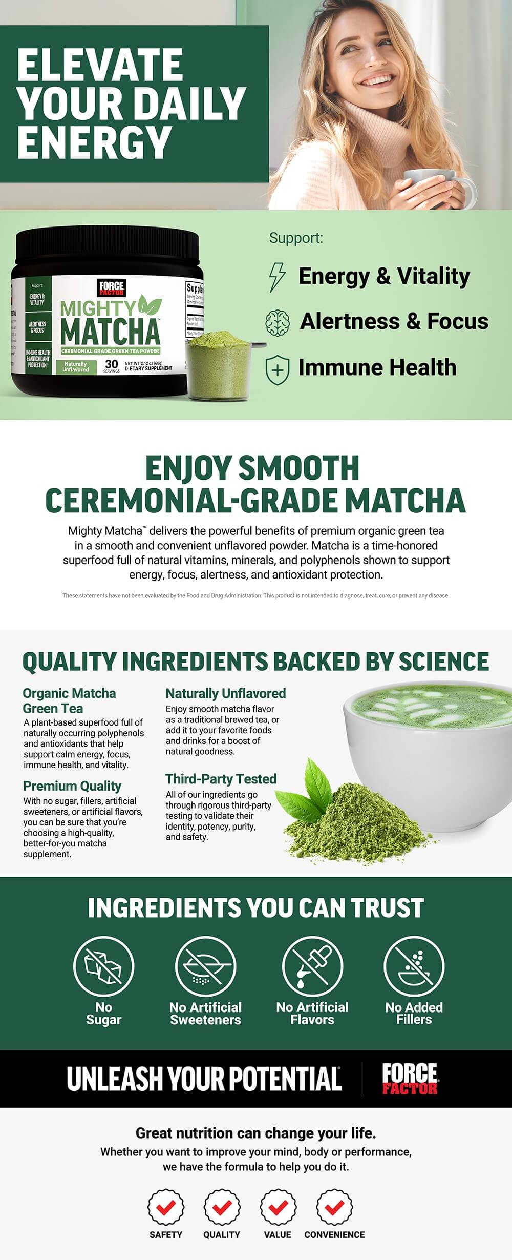 Full product page for Force Factor Mighty Matcha Ceremonial Grade Green Tea Powder featuring lifestyle images, full product description, and list of product features and benefits