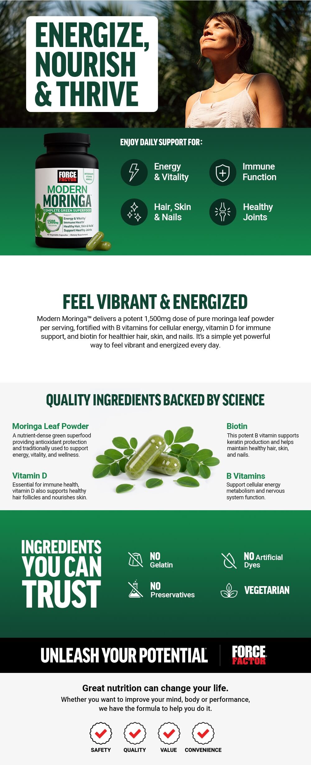 Full product page for Force Factor Modern Moringa featuring lifestyle images, full product description, and list of product features and benefits