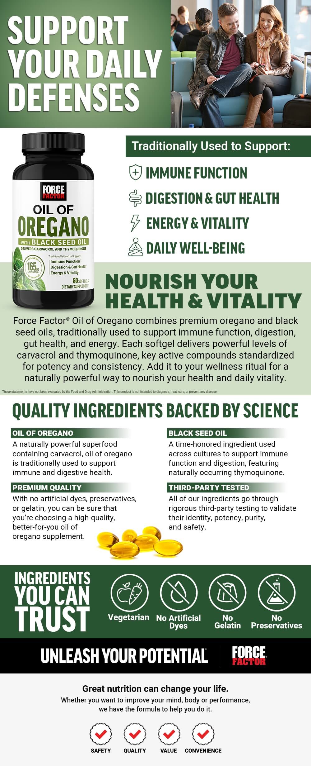 Full product page for Force Factor Oil of Oregano with Black Seed Oil featuring lifestyle images, full product description, and list of product features and benefits