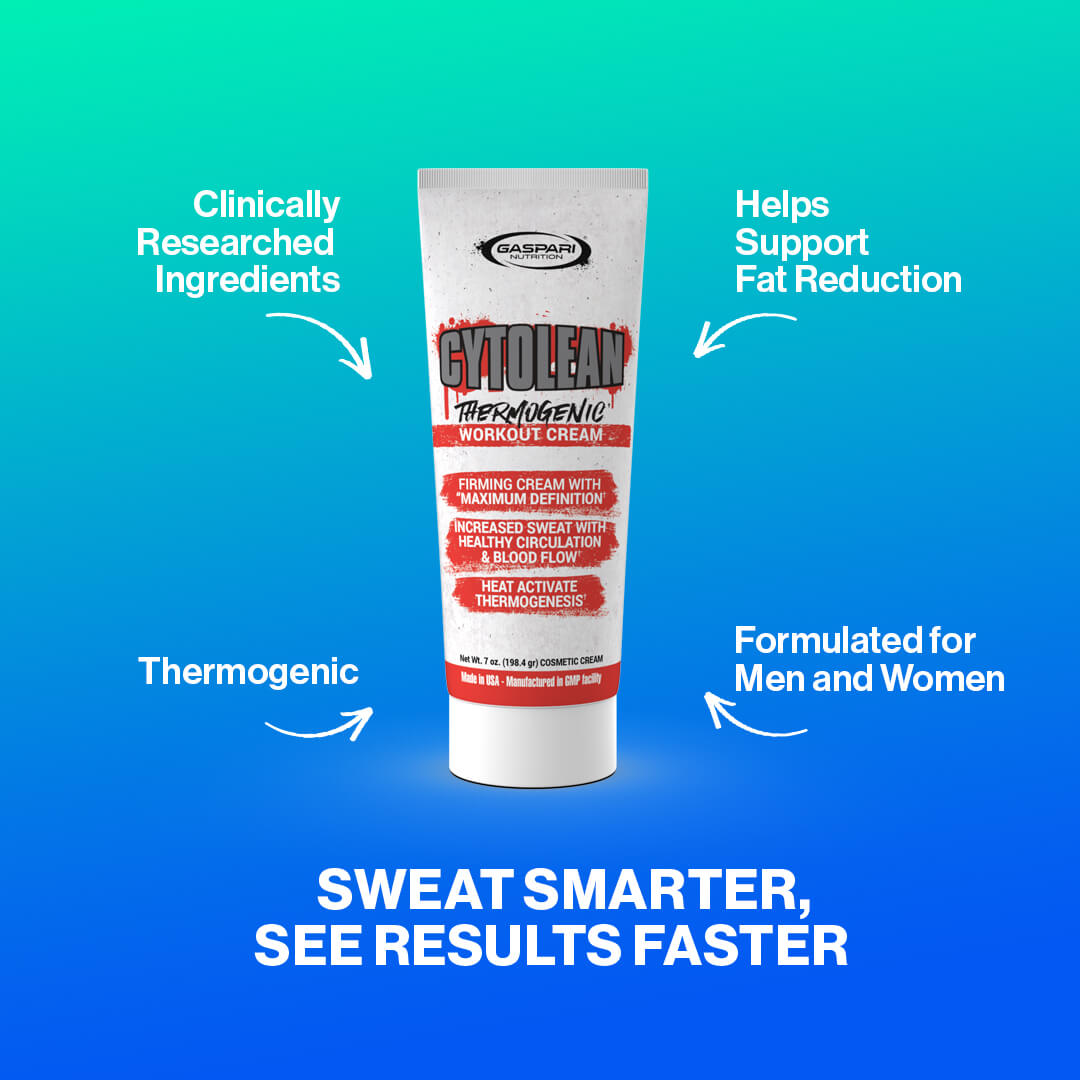 Gaspari Cytolean thermogenic workout cream tube highlighting clinically researched ingredients and fat reduction support
