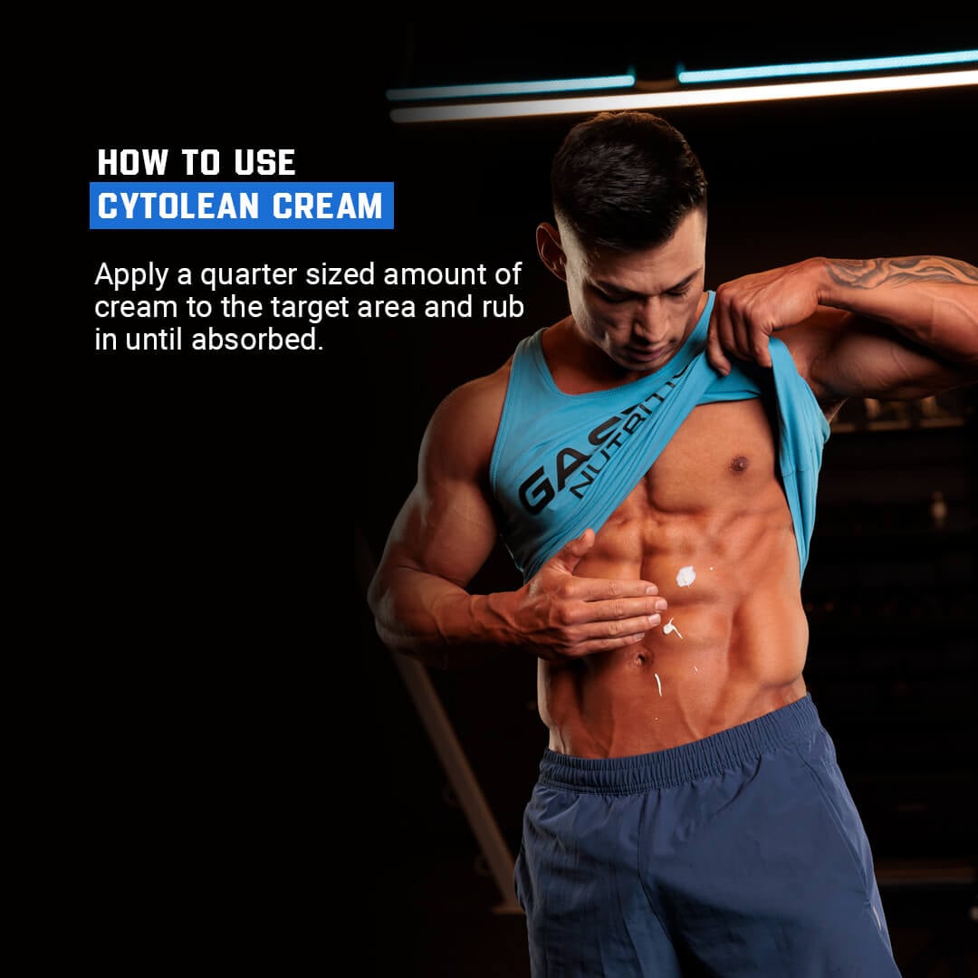 How to use Cytolean Cream guide showing an athlete applying a quarter-sized amount to the abdominal area
