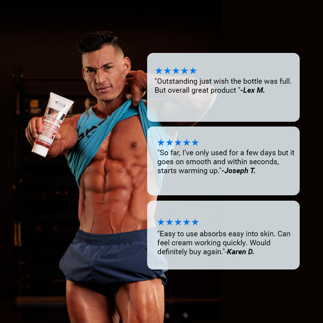 Customer reviews for Cytolean Cream praising the warming effect and absorption alongside a fitness model showing abs