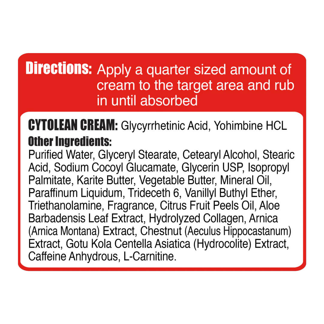 Cytolean Cream ingredients label and directions listing Glycyrrhetinic Acid, Yohimbine HCL, and other components