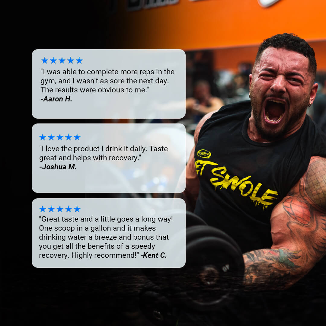 Customer reviews for AminoLast praising increased reps, reduced soreness, and great taste alongside a male bodybuilder