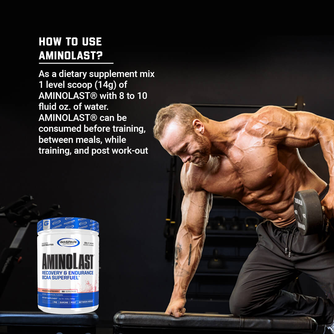 How to use AminoLast usage guide suggesting mixing one level scoop with 8-10 fluid oz of water