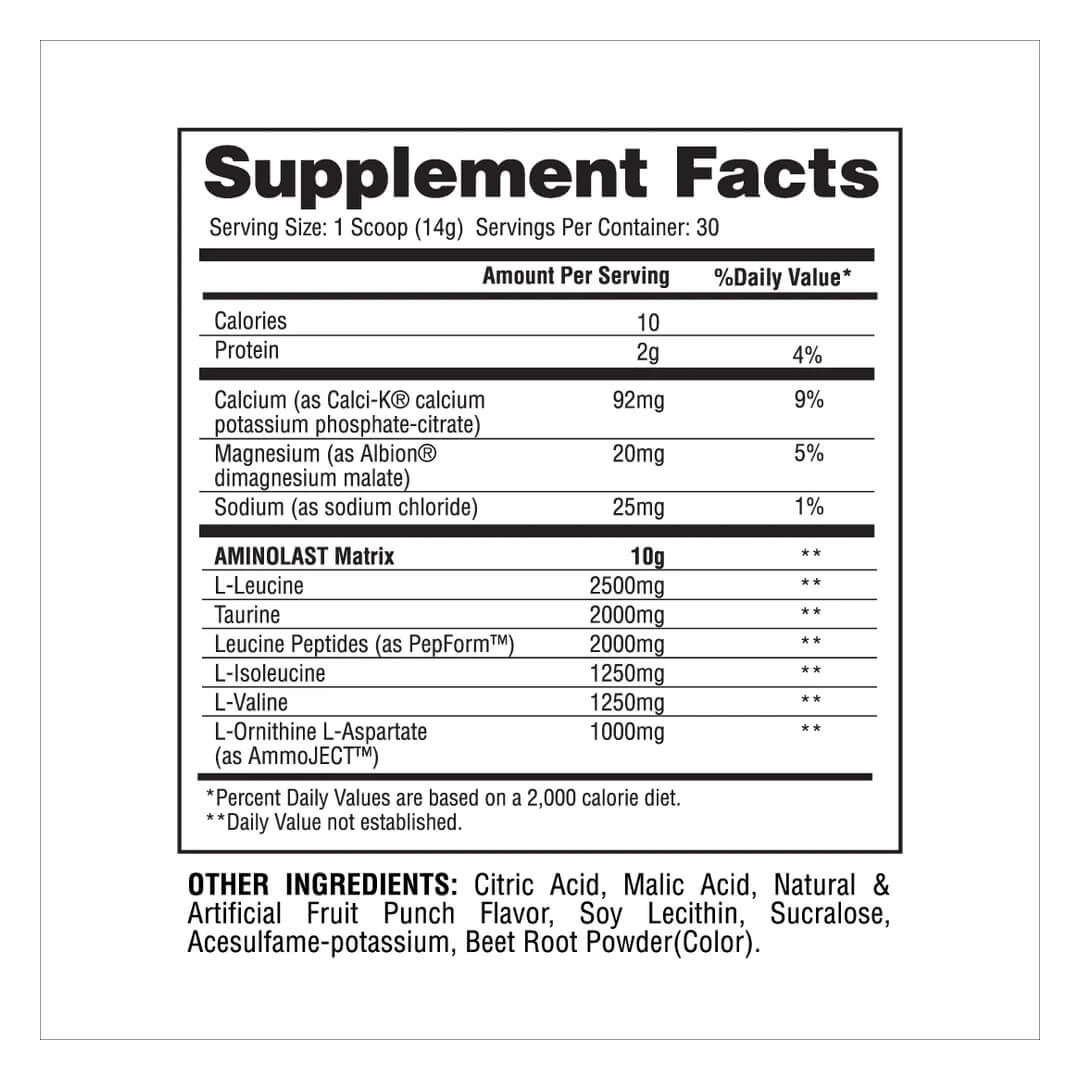 AminoLast supplement facts label listing 10g AminoLast Matrix with Leucine, Taurine, and AmmoJECT