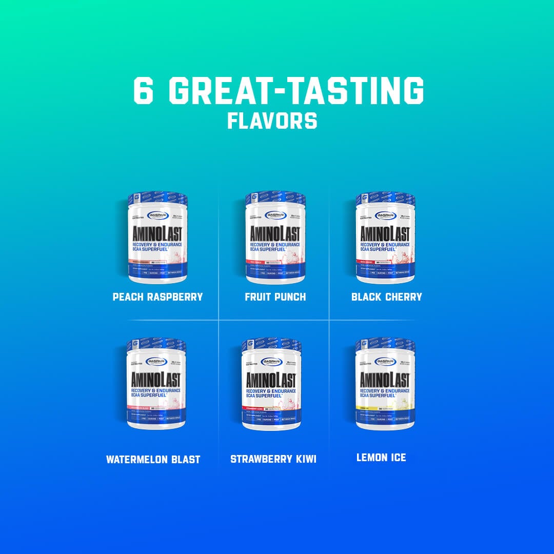 AminoLast available in 6 great-tasting flavors including Peach Raspberry, Fruit Punch, and Watermelon Blast