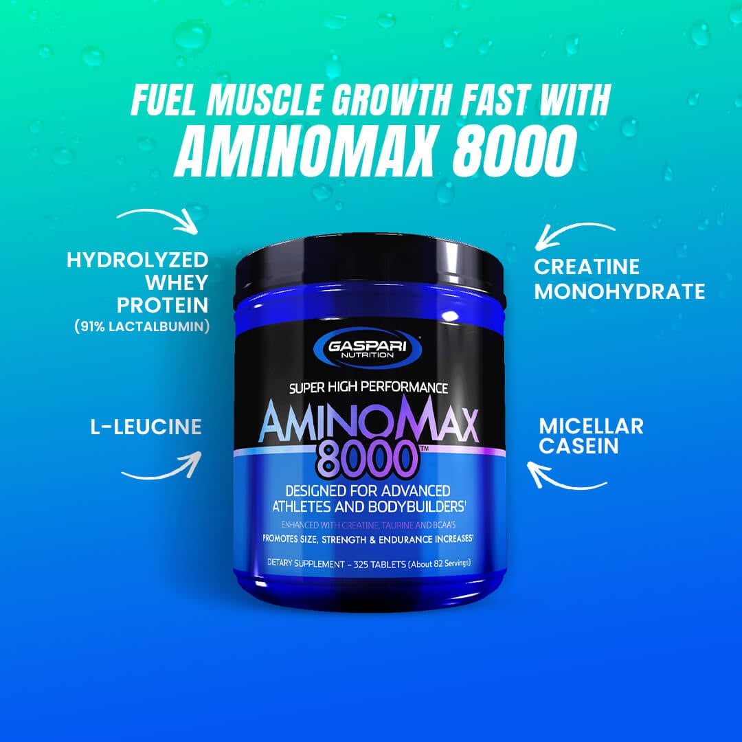Gaspari AminoMax 8000 bottle highlighting benefits like hydrolyzed whey protein, creatine monohydrate, micellar casein, and l-leucine for muscle growth