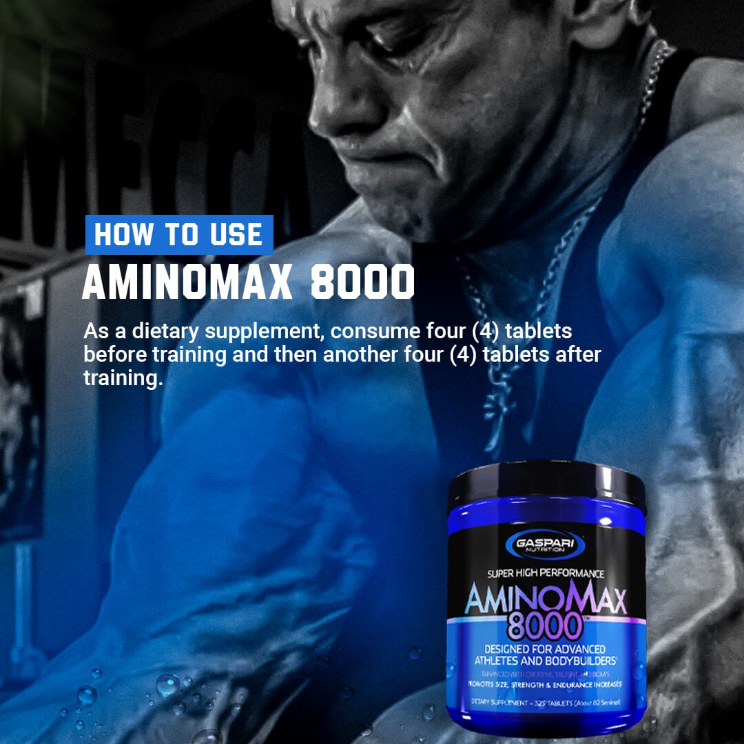 How to use AminoMax 8000 usage guide suggesting 4 tablets before training and 4 tablets after training featuring a bodybuilder