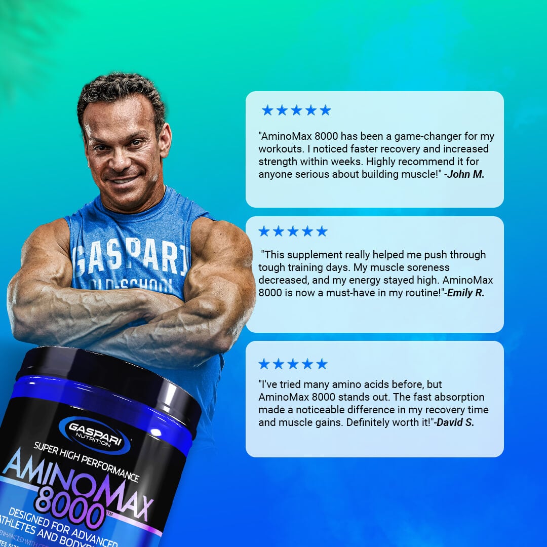 Customer reviews for AminoMax 8000 praising faster recovery and increased strength featuring Rich Gaspari