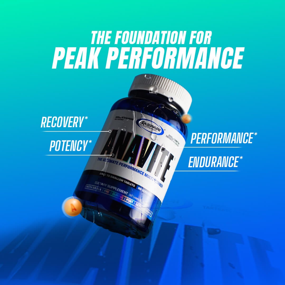Gaspari Anavite bottle highlighting the foundation for peak performance, recovery, potency, and endurance