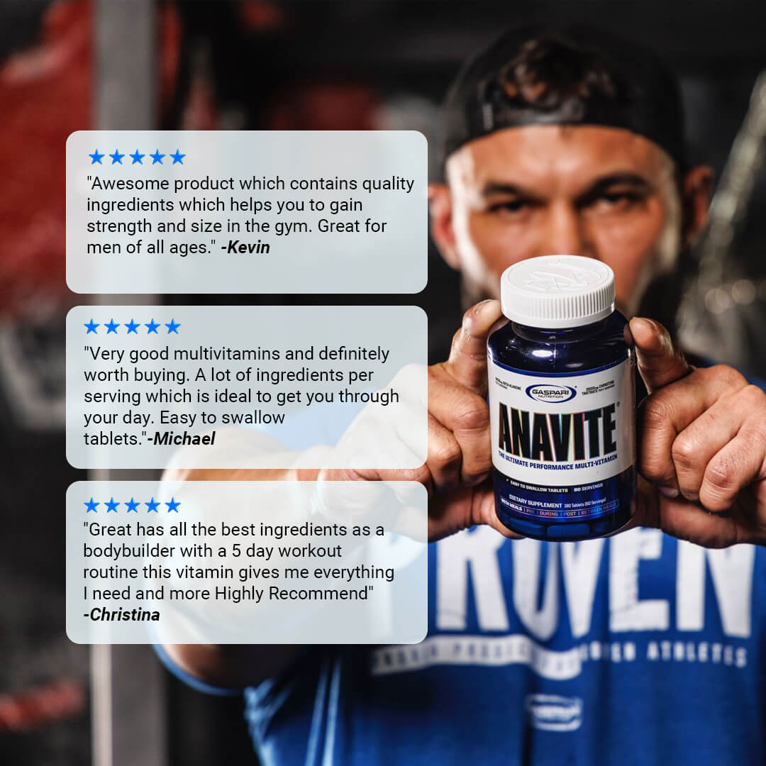 Customer reviews for Anavite praising quality ingredients and strength gains alongside a male athlete