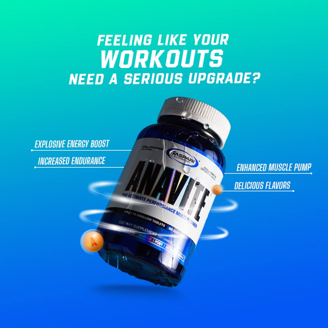 Anavite bottle with text asking if workouts need a serious upgrade highlighting explosive energy and muscle pump