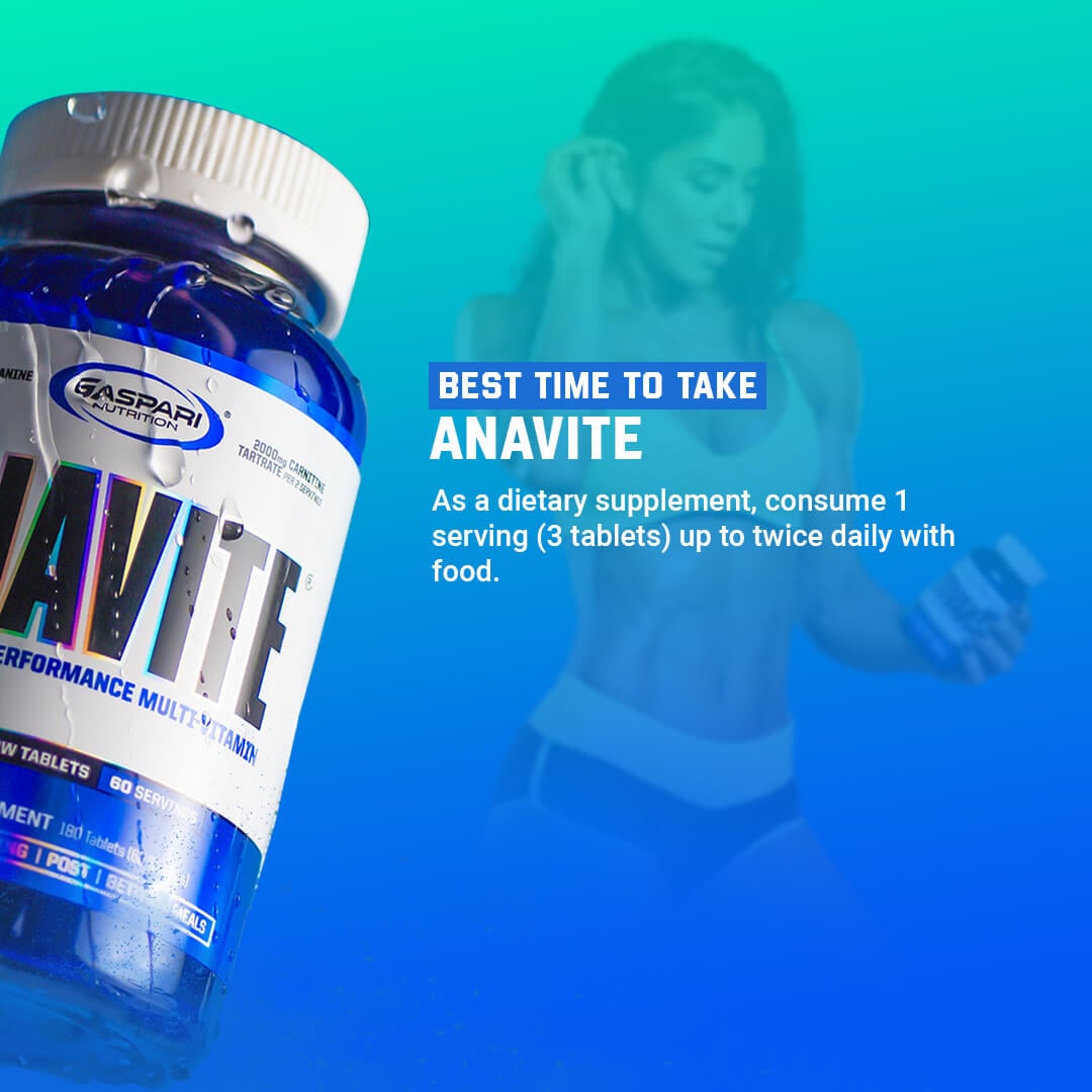 Best time to take Anavite usage guide suggesting 1 serving (3 tablets) up to twice daily with food
