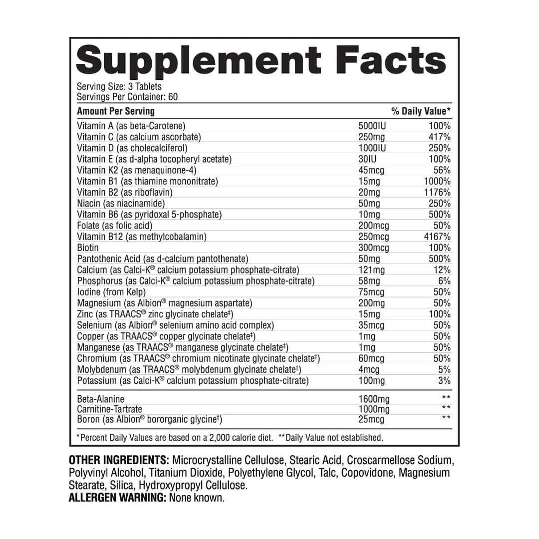 Anavite supplement facts label listing vitamins A through K plus 1600mg Beta-Alanine and 1000mg Carnitine-Tartrate per serving