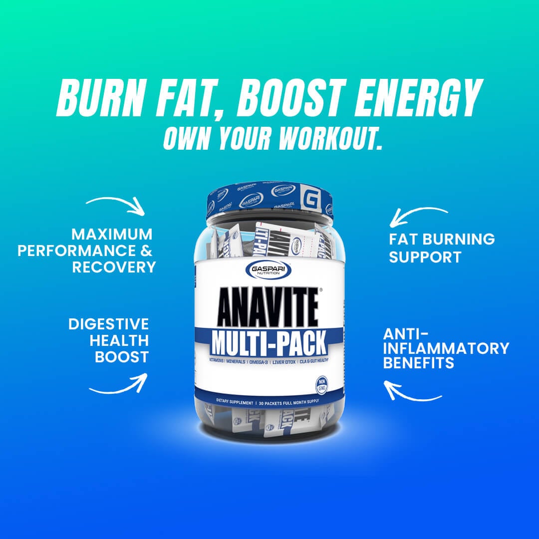 Gaspari Anavite Multi-Pack jar highlighting benefits like fat burning support, maximum performance, recovery, and digestive health boost