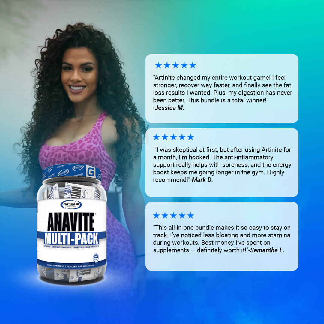 Customer reviews for Anavite Multi-Pack praising recovery, digestion, and energy levels alongside a fitness model