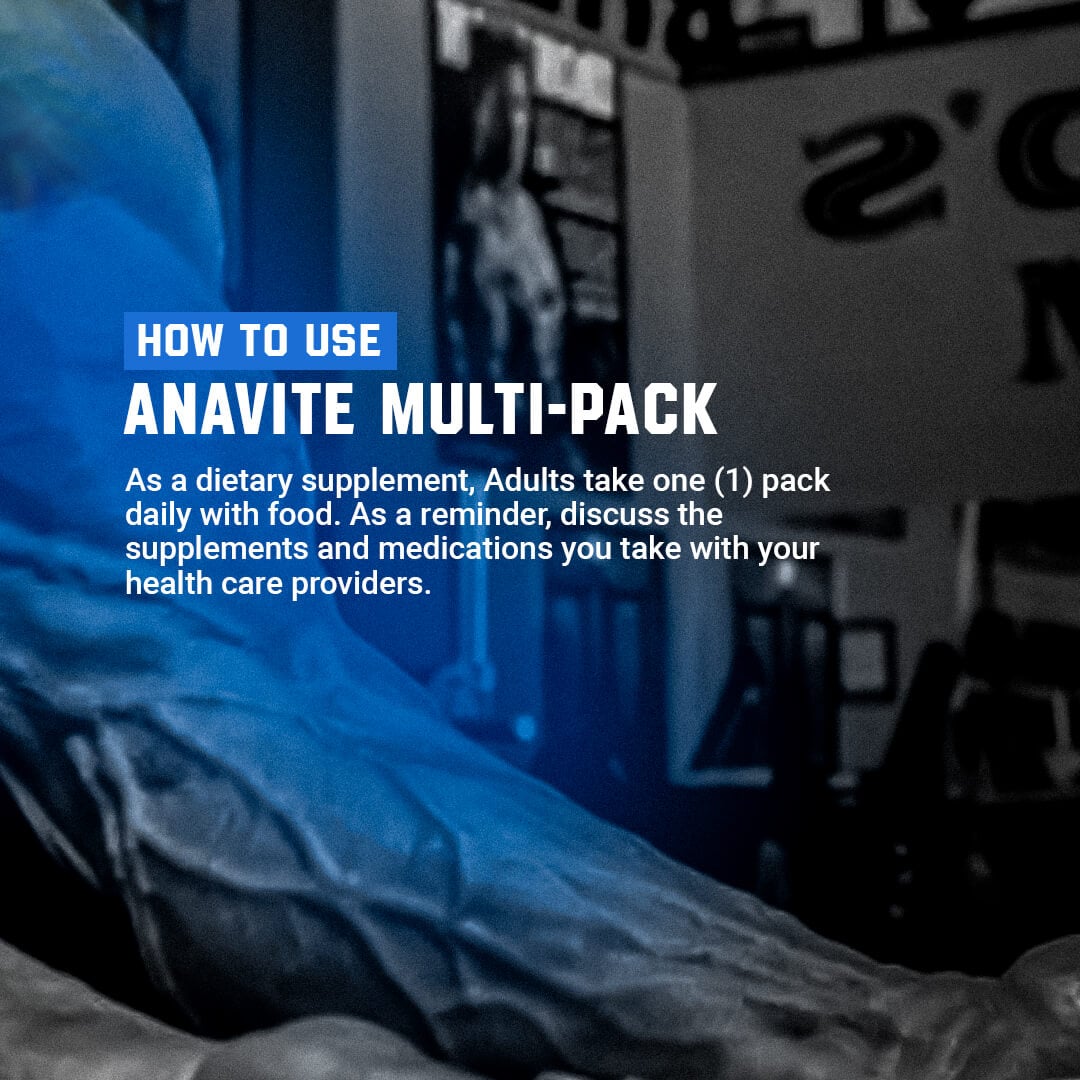 How to use Anavite Multi-Pack usage guide suggesting adults take one pack daily with food