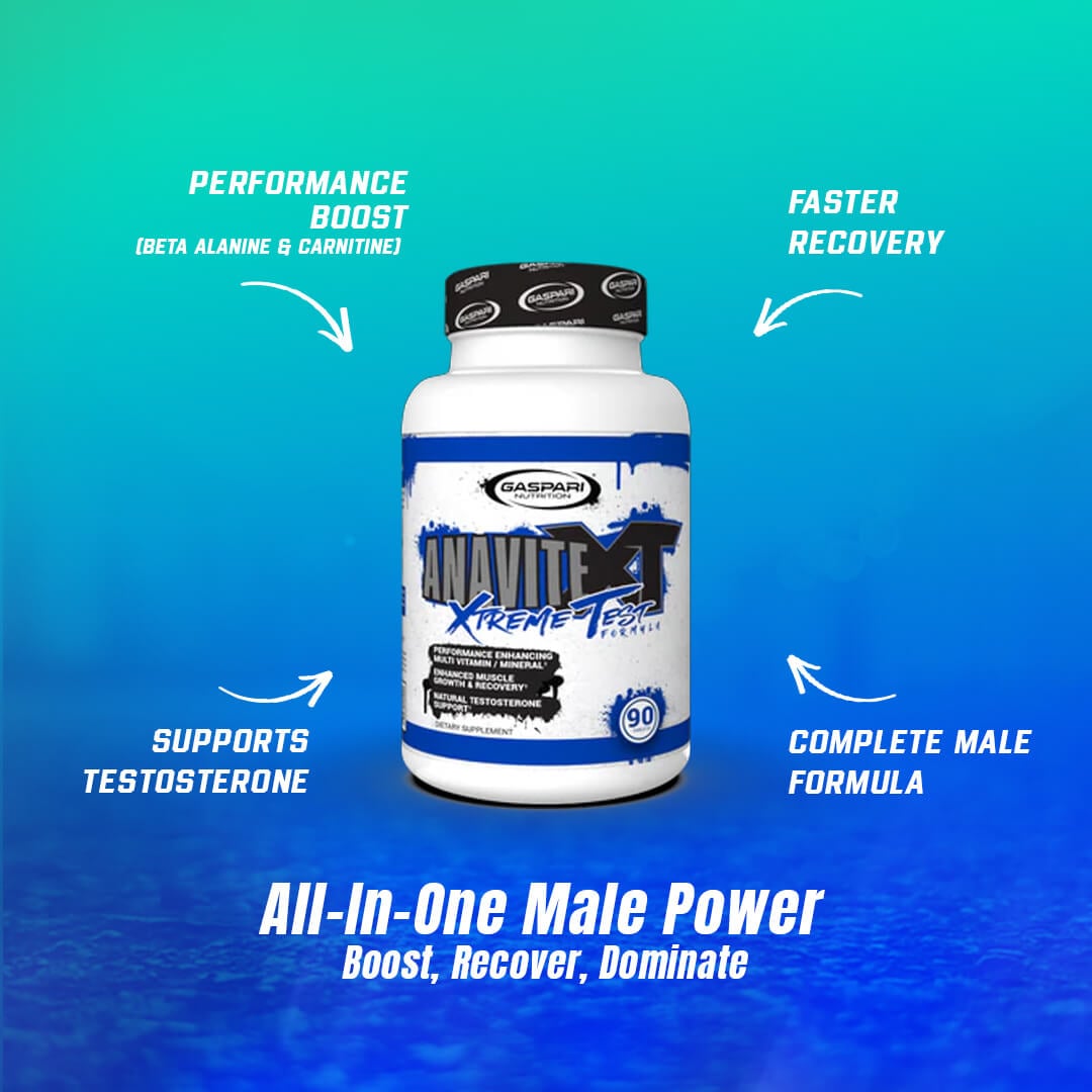 Gaspari Anavite XT bottle highlighting performance boost, faster recovery, testosterone support, and complete male formula benefits
