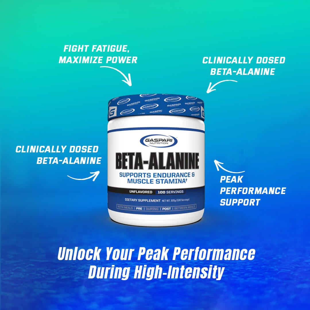 Gaspari Beta-Alanine bottle highlighting benefits like fighting fatigue, maximizing power, and supporting endurance