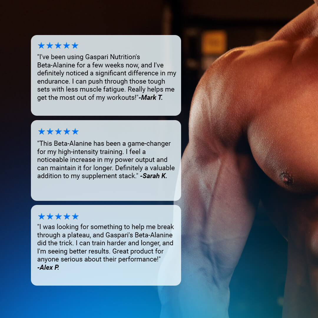 Customer reviews for Gaspari Beta-Alanine mentioning increased endurance, less muscle fatigue, and plateau breaking alongside a male athlete