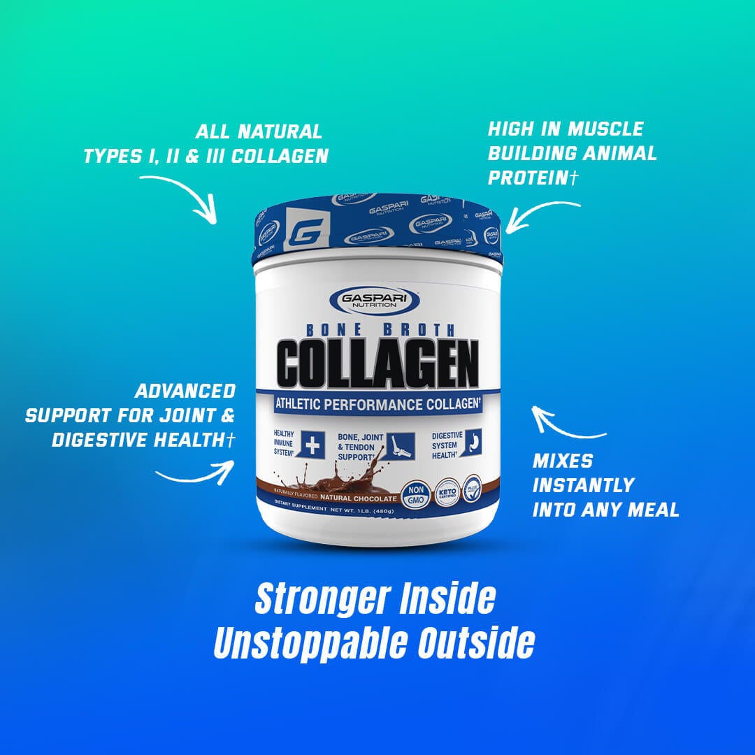 Gaspari Bone Broth Collagen tub highlighting benefits like natural types I, II & III collagen, joint support, and digestive health