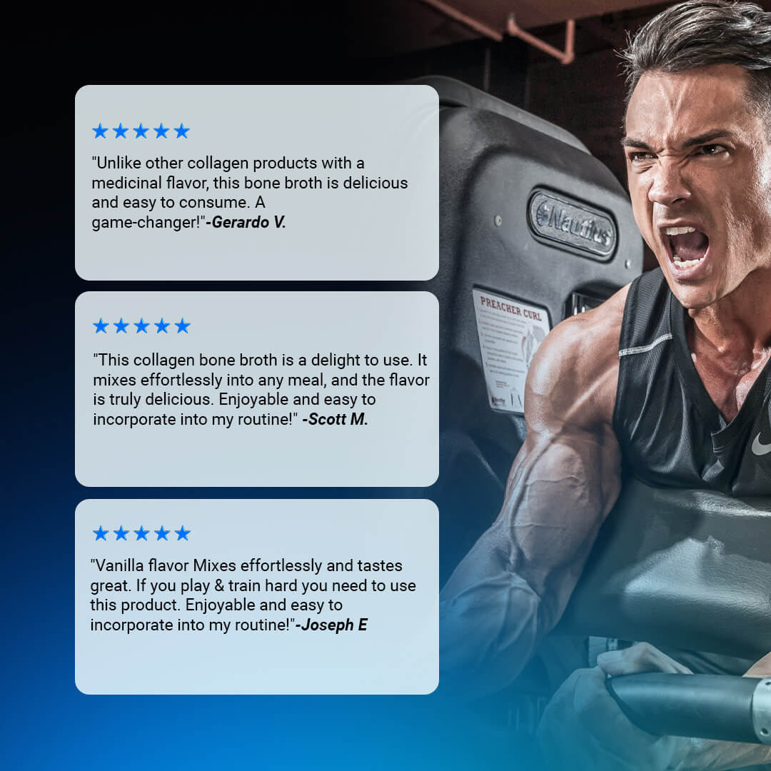 Customer reviews for Bone Broth Collagen praising the delicious vanilla flavor and ease of mixing alongside a male bodybuilder