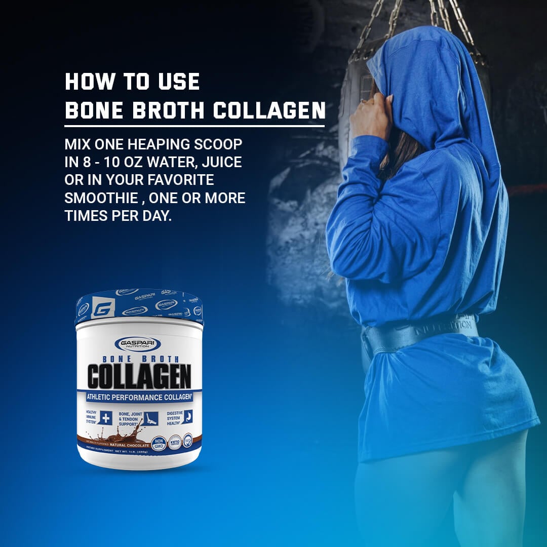 How to use Bone Broth Collagen guide suggesting mixing one heaping scoop in water, juice, or smoothie featuring a female athlete