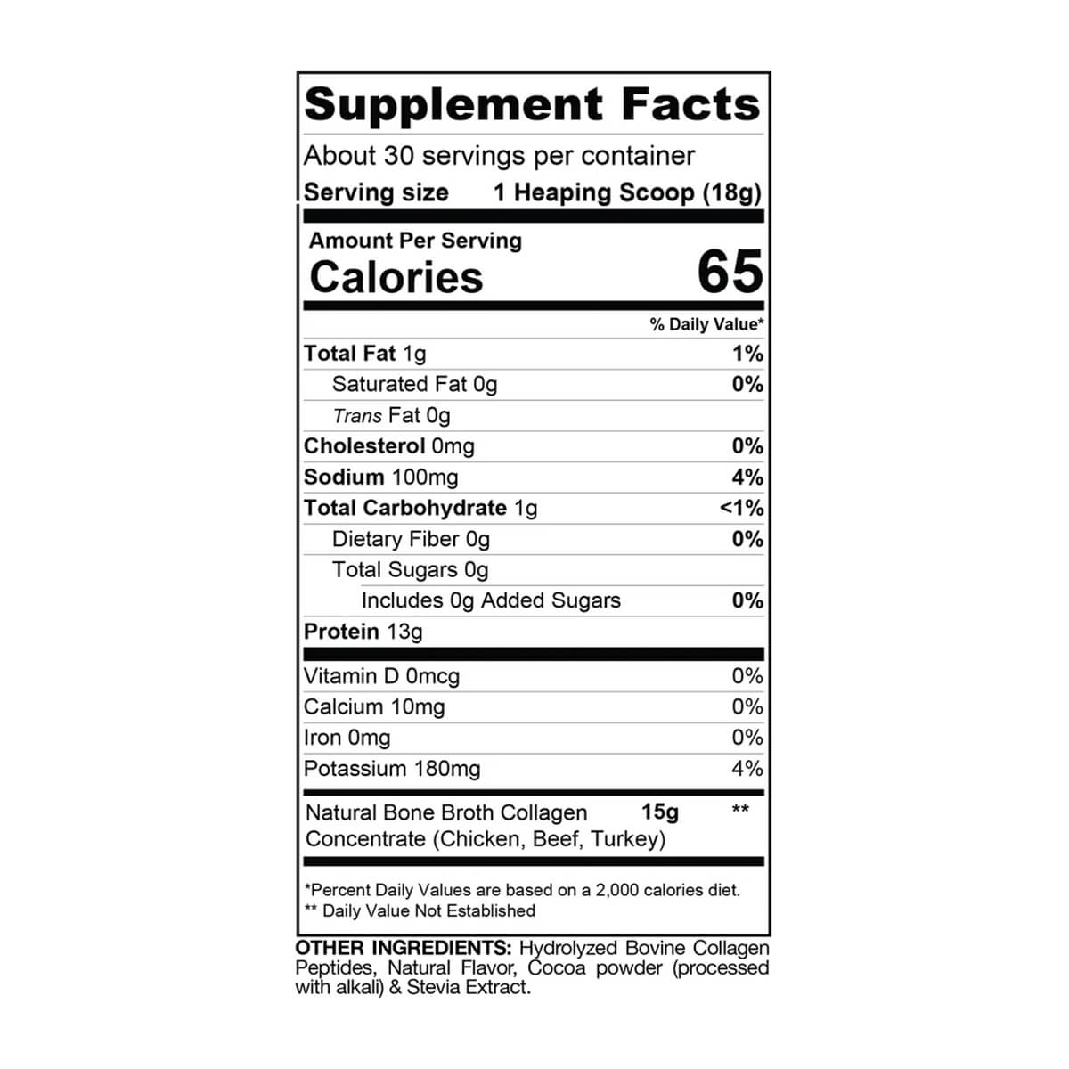 Bone Broth Collagen supplement facts label listing 13g protein and 15g natural bone broth collagen concentrate from chicken, beef, and turkey
