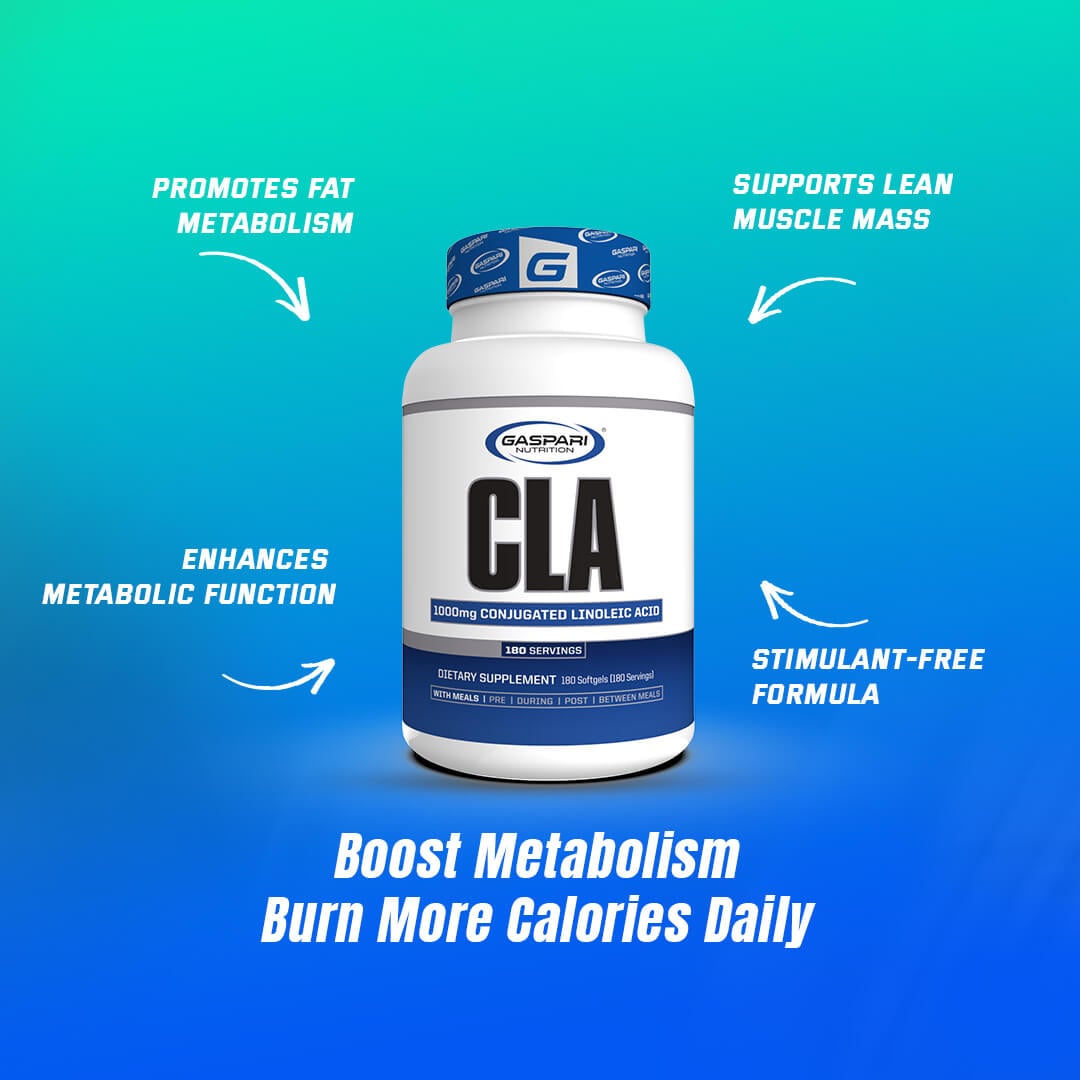 Gaspari CLA bottle highlighting benefits like promoting fat metabolism, enhancing metabolic function, and supporting lean muscle mass