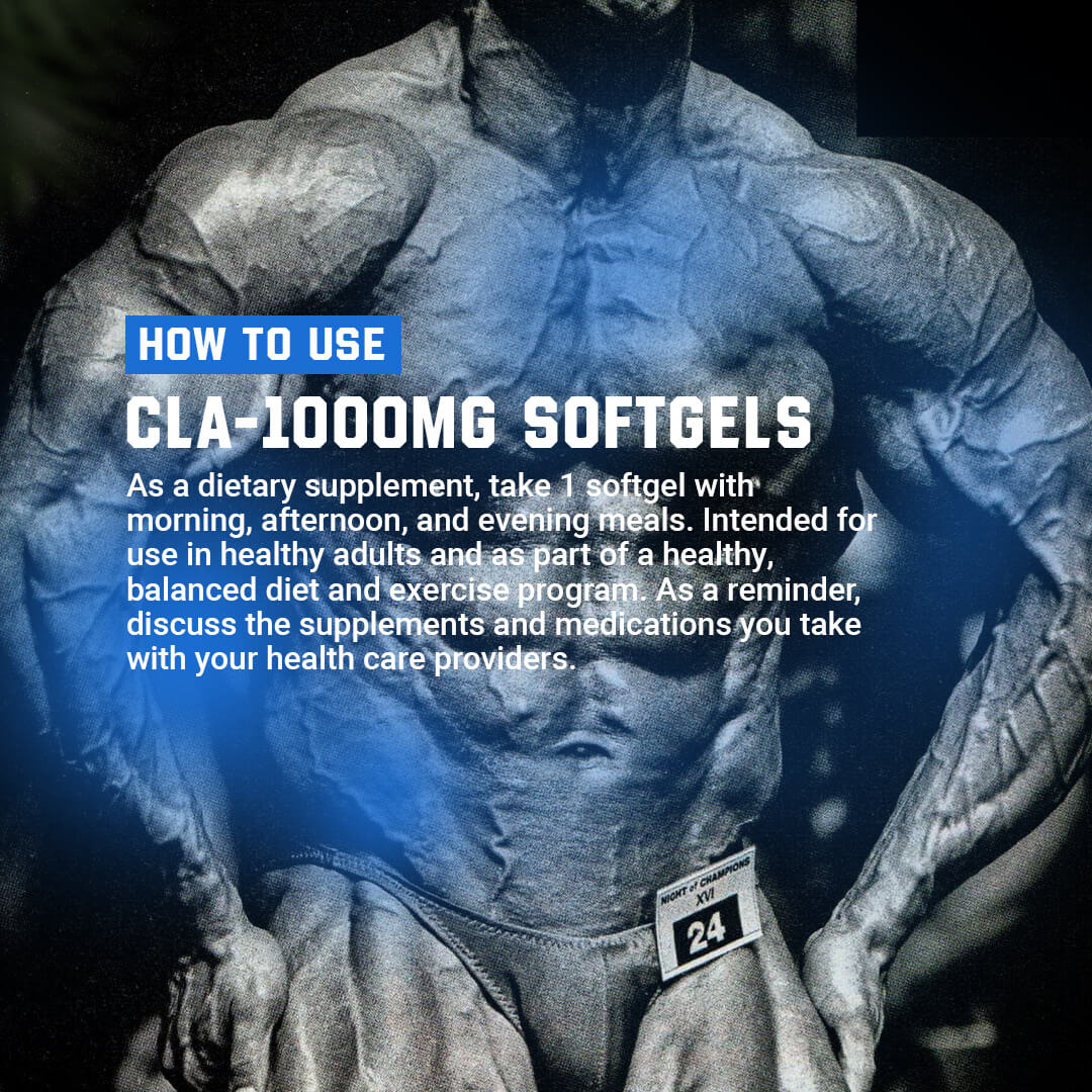 How to use Gaspari CLA softgels guide suggesting 1 softgel with morning, afternoon, and evening meals featuring a male bodybuilder
