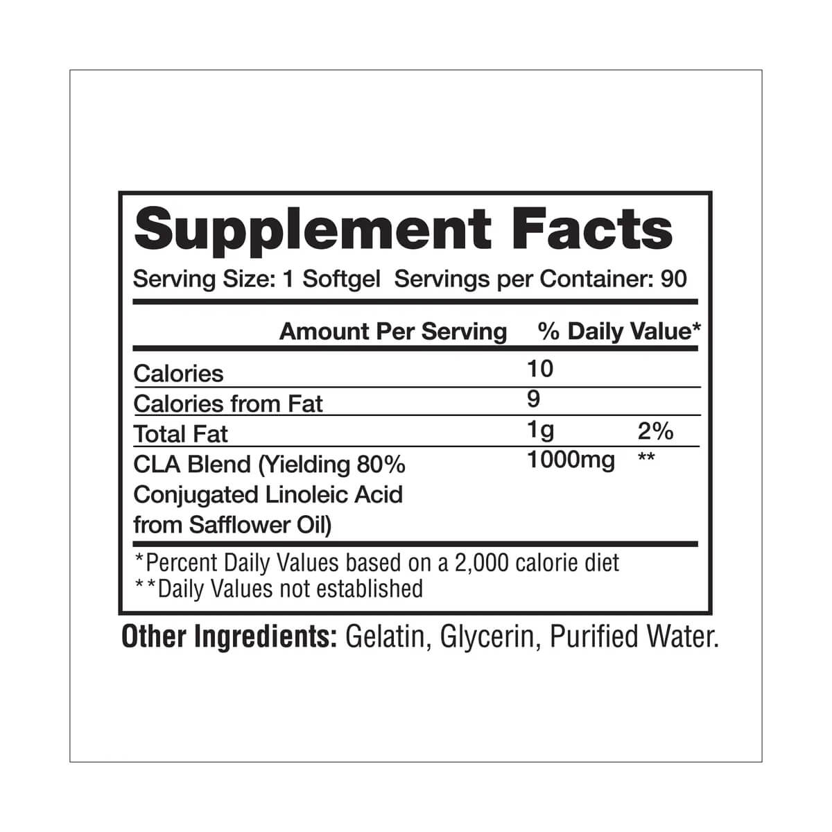 Gaspari CLA supplement facts label showing 1000mg of CLA Blend yielding 80% Conjugated Linoleic Acid from Safflower Oil