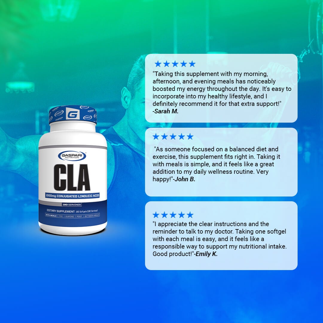 Customer reviews for Gaspari CLA praising the stimulant-free metabolism boost and ease of use