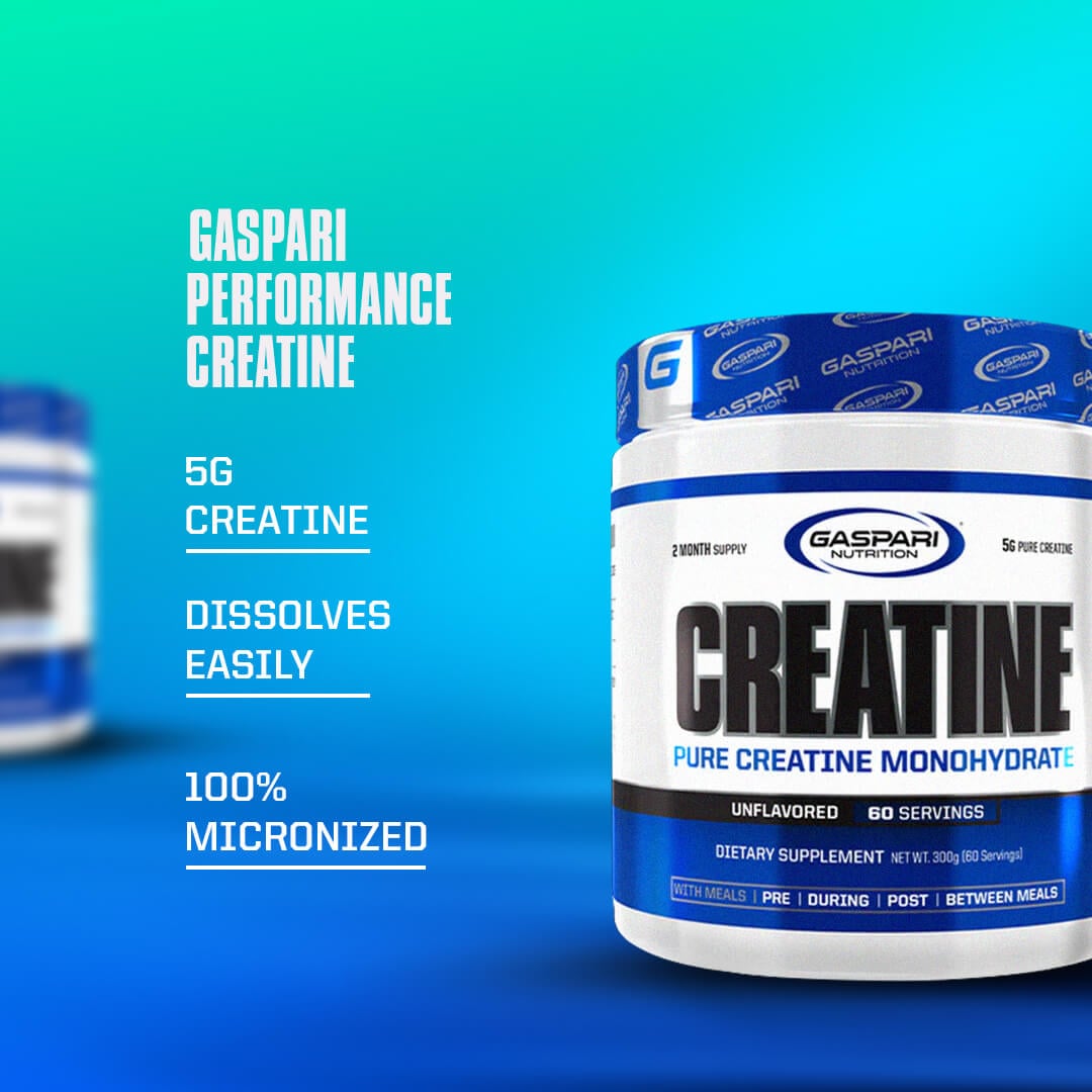 Gaspari Performance Creatine bottle highlighting 5g of pure creatine per serving, easy dissolution, and 100% micronized formula