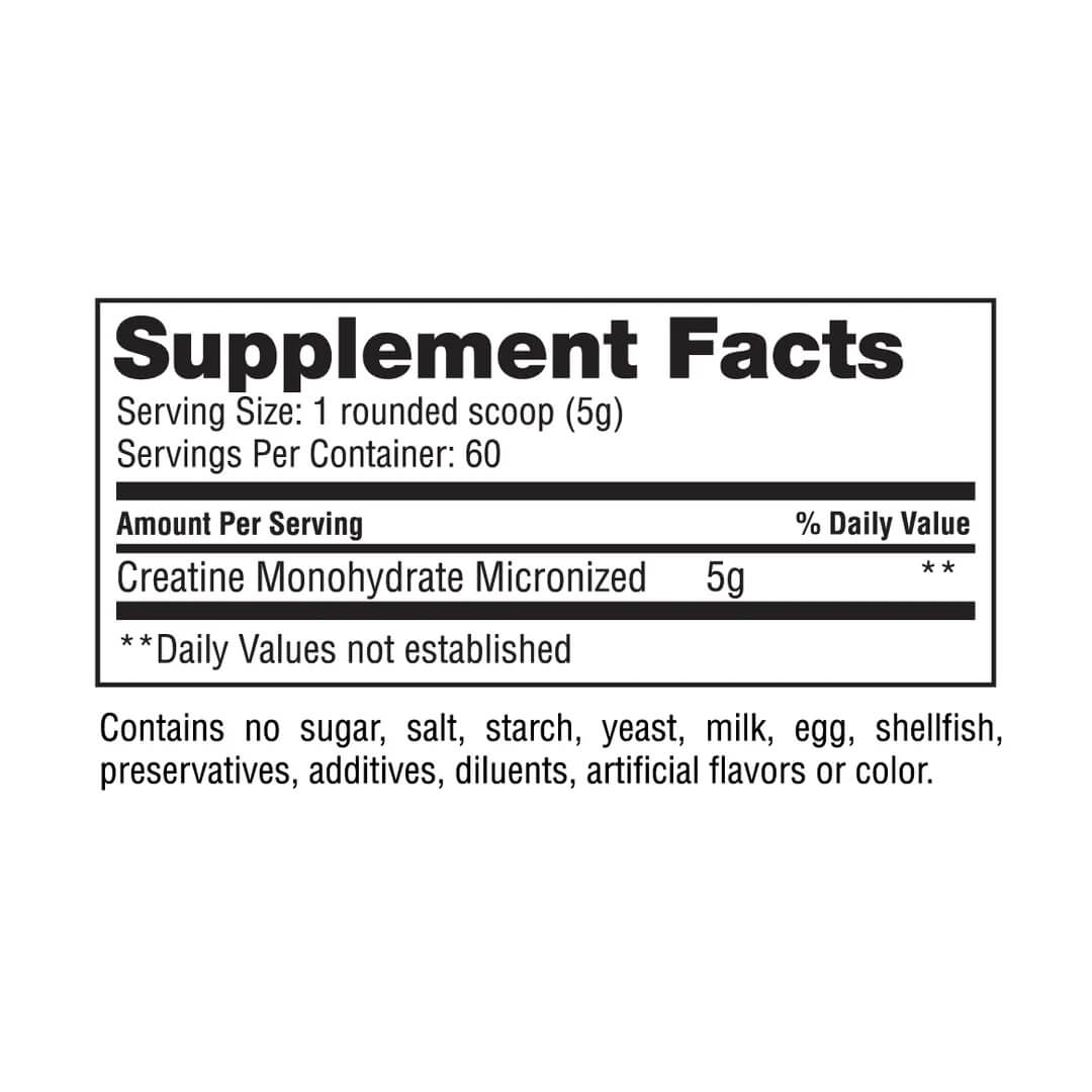 Gaspari Creatine supplement facts label showing 5g of Micronized Creatine Monohydrate per serving