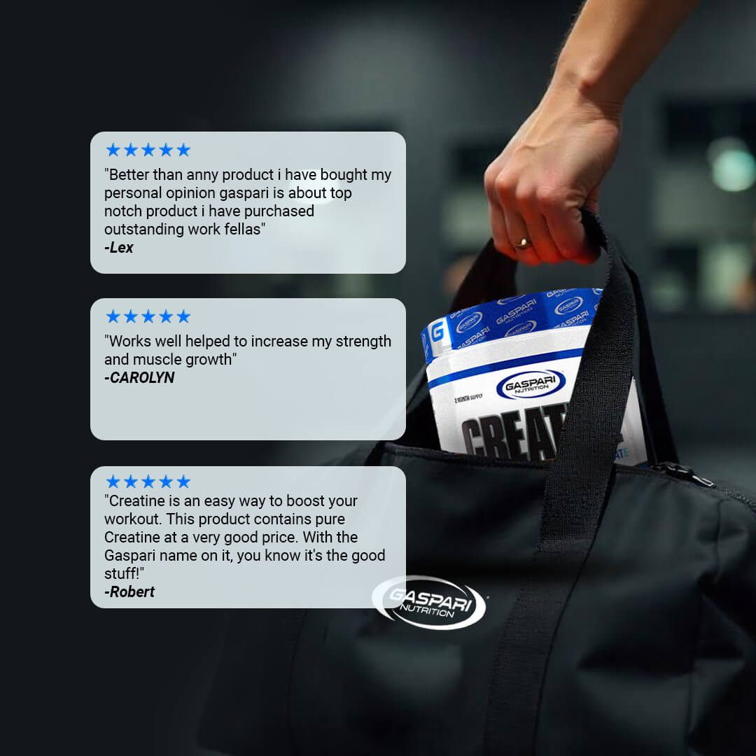 Customer reviews for Gaspari Creatine praising strength gains, muscle growth, and value alongside a gym bag lifestyle shot