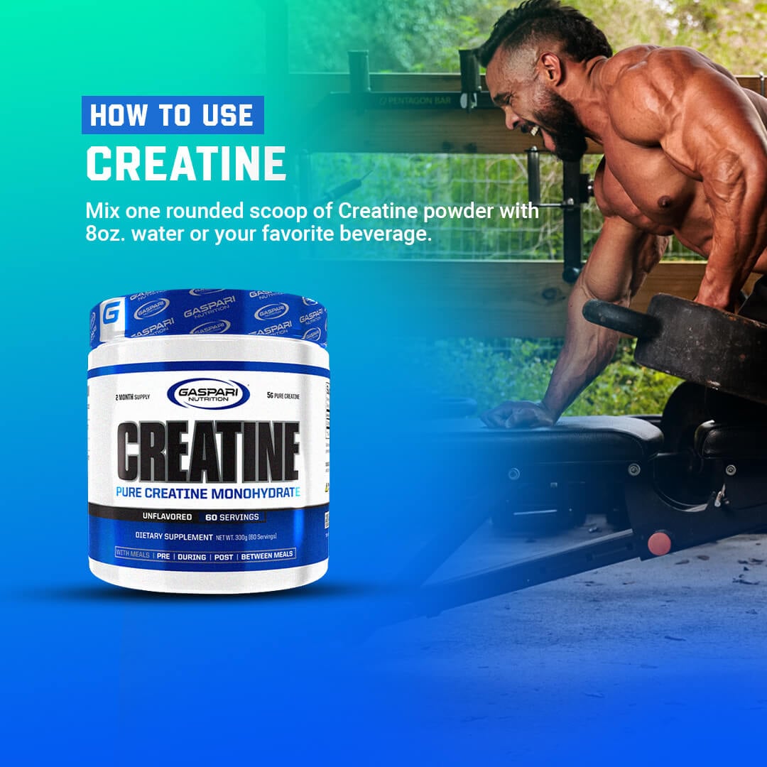 How to use Gaspari Creatine usage guide suggesting mixing one rounded scoop with 8oz of water or favorite beverage featuring a male bodybuilder