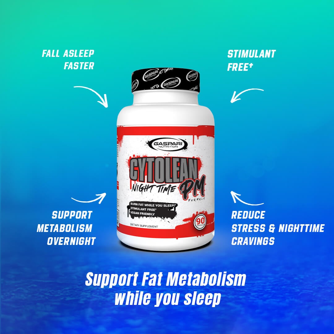 Gaspari Cytolean Night Time PM bottle highlighting benefits like falling asleep faster, stimulant-free fat burning, and reduced stress