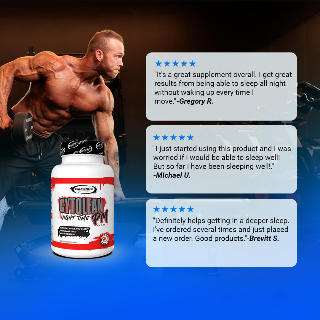Customer reviews for Cytolean PM praising deep sleep and recovery alongside a male bodybuilder
