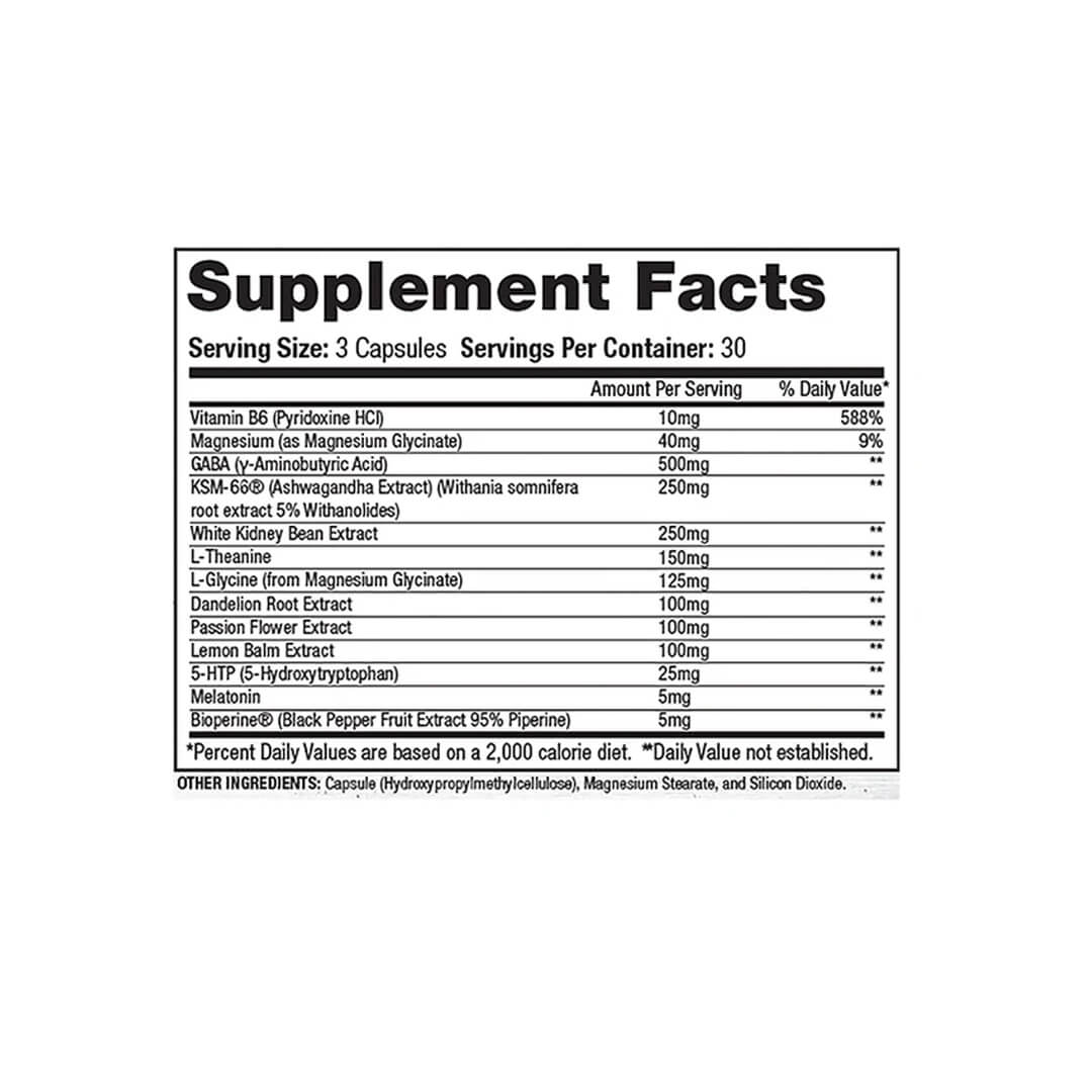 Cytolean PM supplement facts label listing ingredients like GABA, KSM-66 Ashwagandha, Melatonin, and 5-HTP