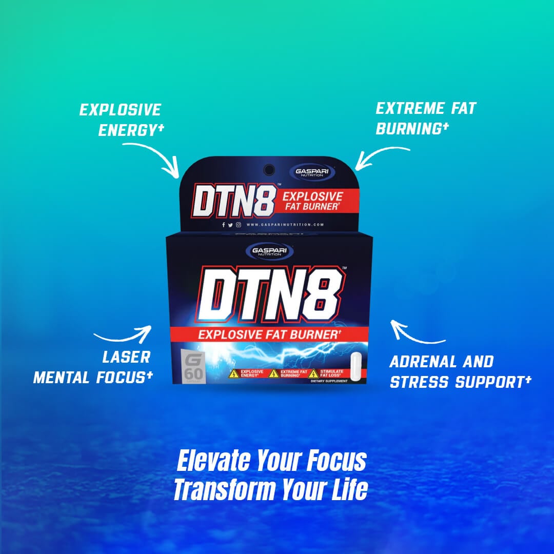 Gaspari DTN8 box highlighting explosive energy, extreme fat burning, laser mental focus, and adrenal stress support