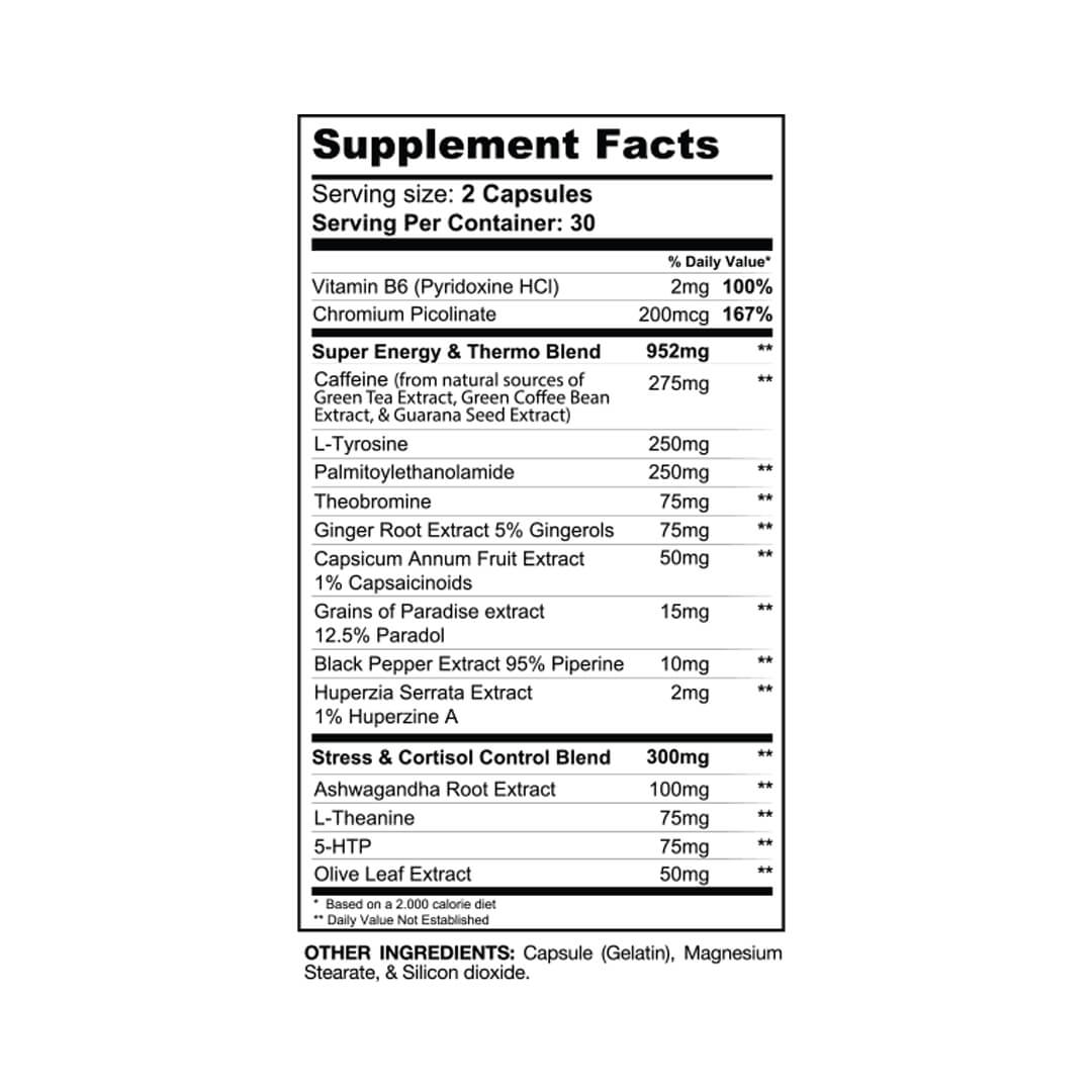 DTN8 supplement facts label listing Super Energy & Thermo Blend and Stress & Cortisol Control Blend ingredients
