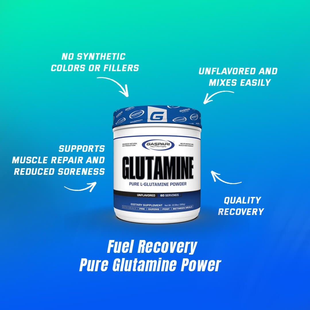 Gaspari Glutamine tub highlighting benefits like muscle repair, reduced soreness, no synthetic fillers, and unflavored easy mixing
