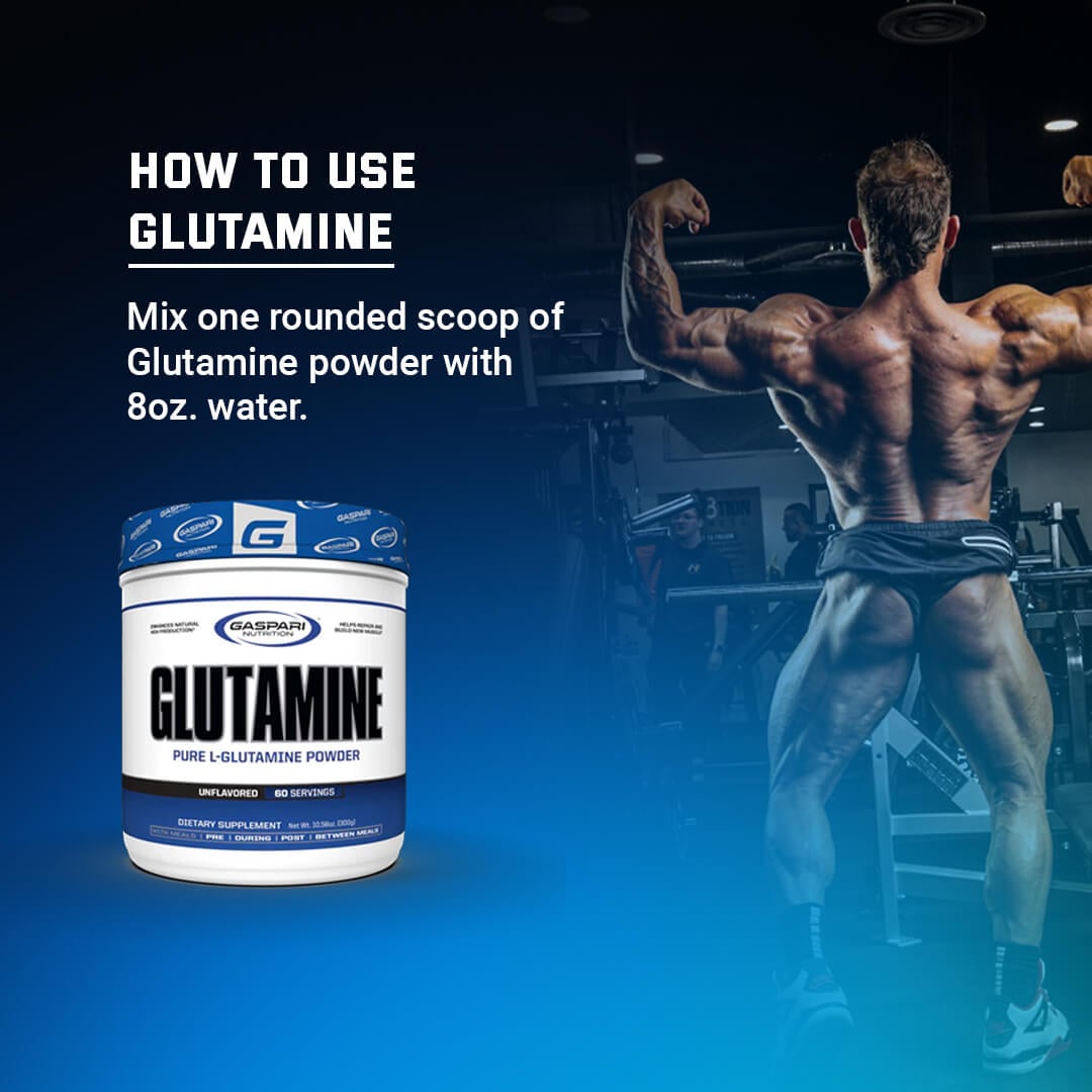 How to use Glutamine powder guide suggesting mixing one rounded scoop with 8oz of water alongside a bodybuilder