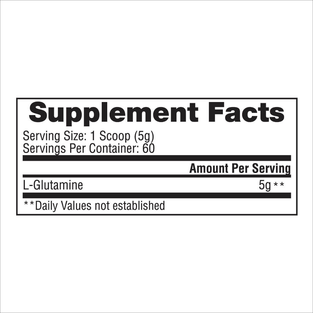 Gaspari Glutamine supplement facts label showing 5g of pure L-Glutamine per serving