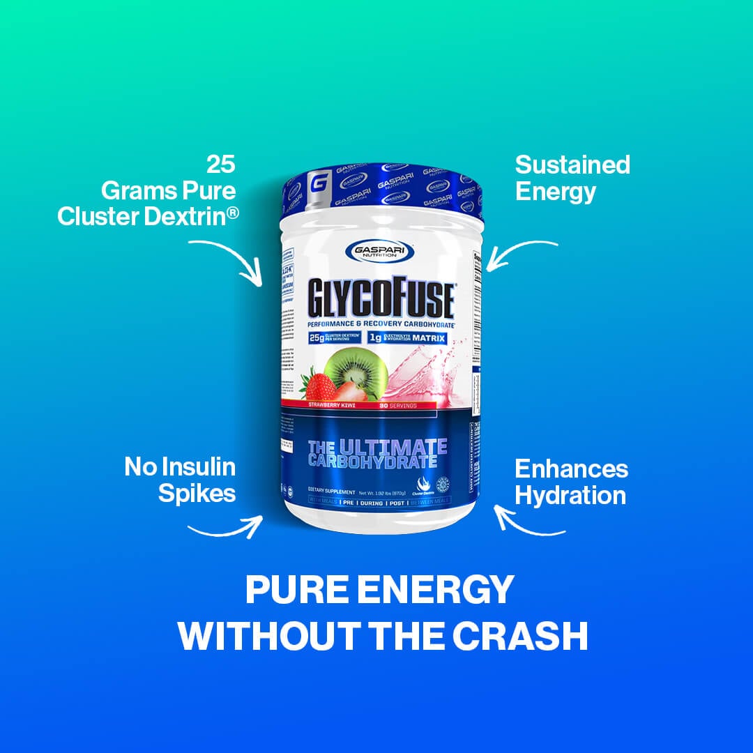 Gaspari Glycofuse tub highlighting 25g pure Cluster Dextrin, sustained energy, no insulin spikes, and enhanced hydration benefits