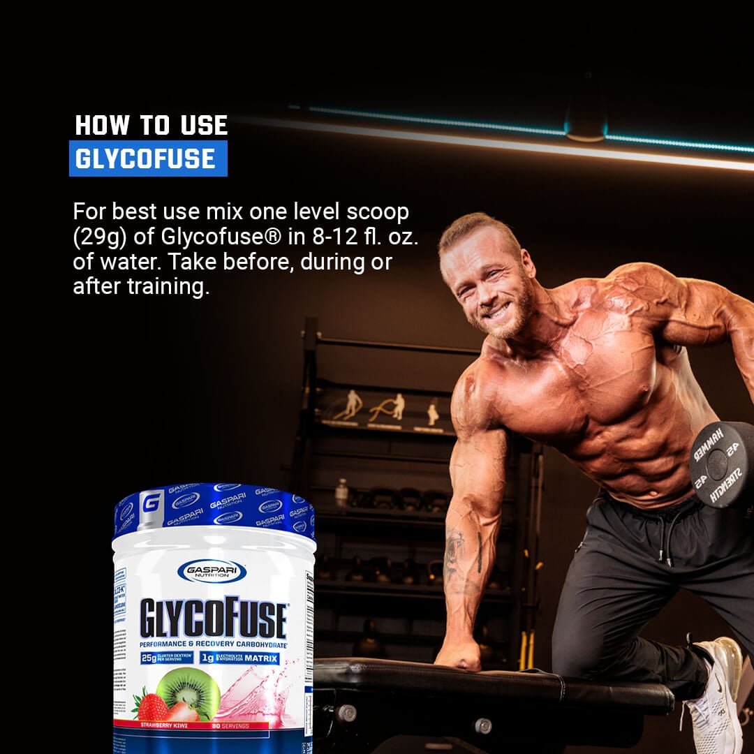 How to use Glycofuse usage guide suggesting mixing one level scoop with 8-12 oz of water before, during, or after training