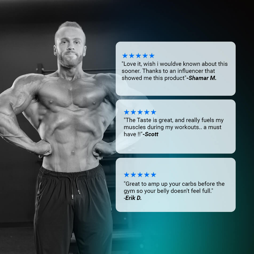 Customer reviews for Glycofuse praising the taste, muscle fueling, and lack of belly bloat alongside a male bodybuilder